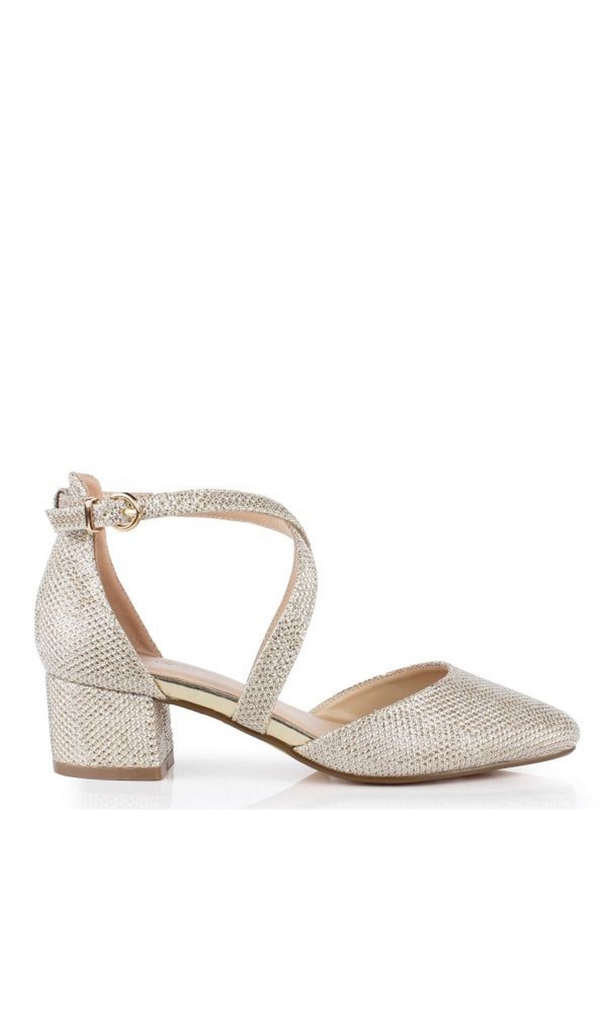 The Francis Champagne Closed Toe Low Heel Prom Shoe (P2227) by Paradox London features gold textured material, a block heel, ankle strap with buckle, and is shown on a white background.